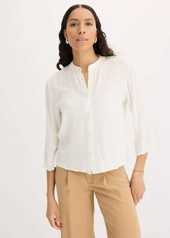 Bluse med volanger og perler, bonprix
