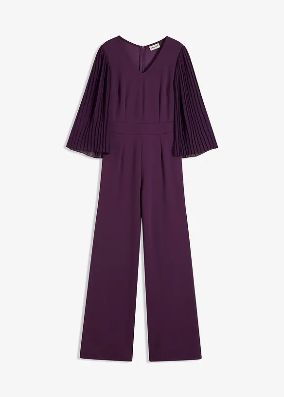 Jersey jumpsuit med plisserte ermer i tynn chiffon, bonprix