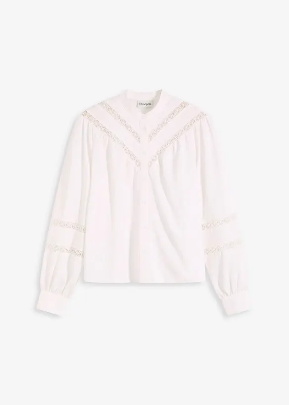 Bluse med lin og chrochet-innfellinger, bonprix