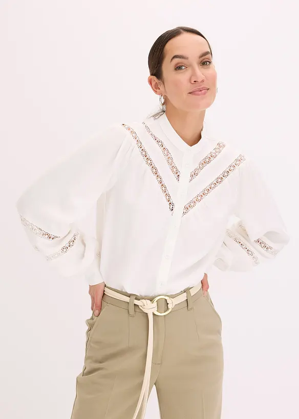 Bluse med lin og chrochet-innfellinger, bonprix