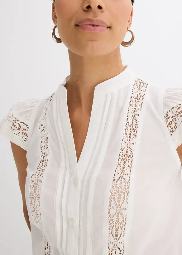 Ermeløs bluse i 100% bomull med hullbroderi, bonprix