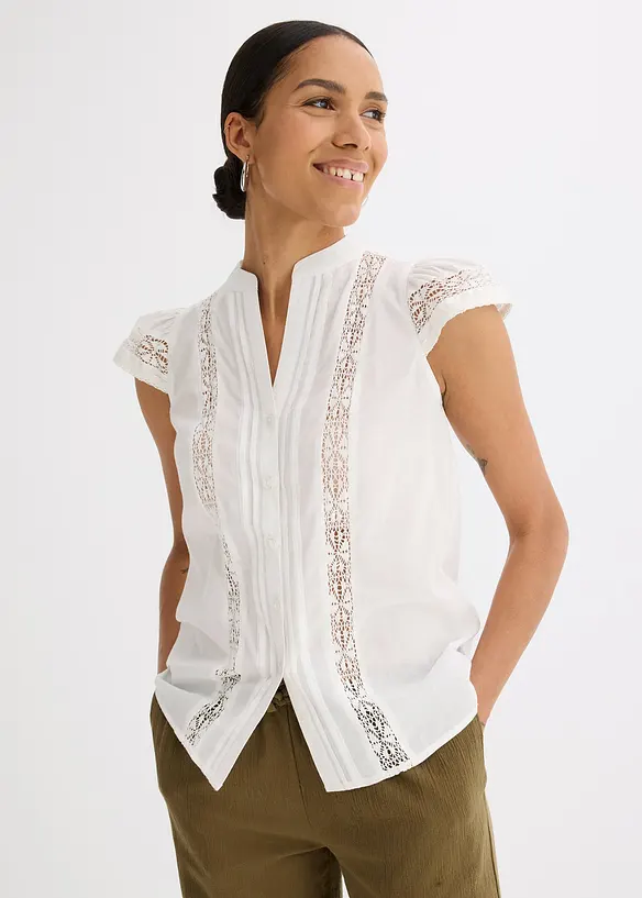 Ermeløs bluse i 100% bomull med hullbroderi, bonprix