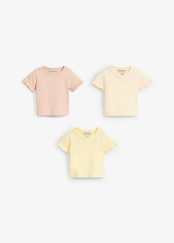 Topp til baby i &oslash;kologisk bomull med volanger (3-pack), bonprix
