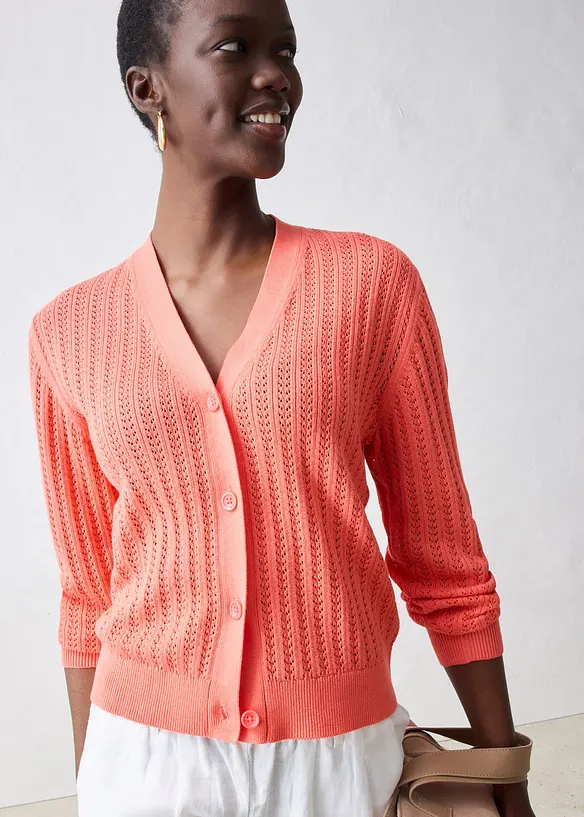 Hullstrikket cardigan med lin, bonprix