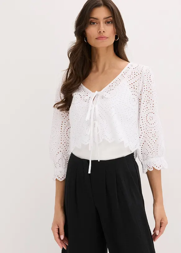 Bluse med hullbroderi og puffermer, bonprix