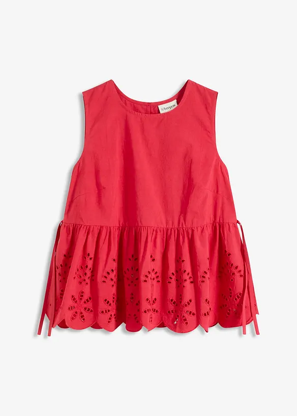 Ermeløs bluse med splitt og hullbroderi, bonprix