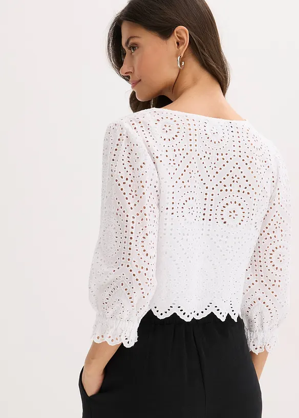 Bluse med hullbroderi og puffermer, bonprix