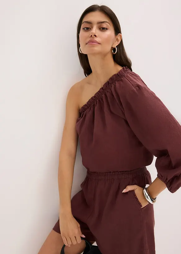 One shoulder-bluse med lin, bonprix