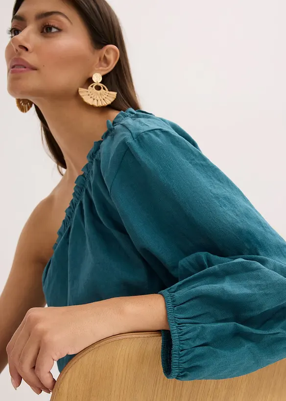 One shoulder-bluse med lin, bonprix