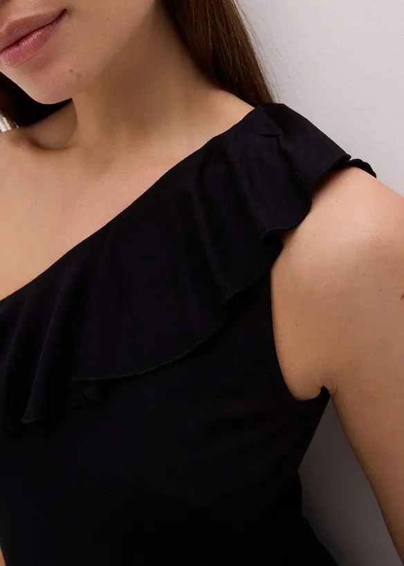 One shoulder-topp i myk viskosemiks med volang, bonprix