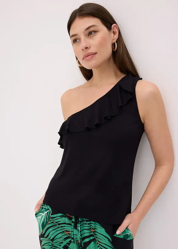 One shoulder-topp i myk viskosemiks med volang, bonprix