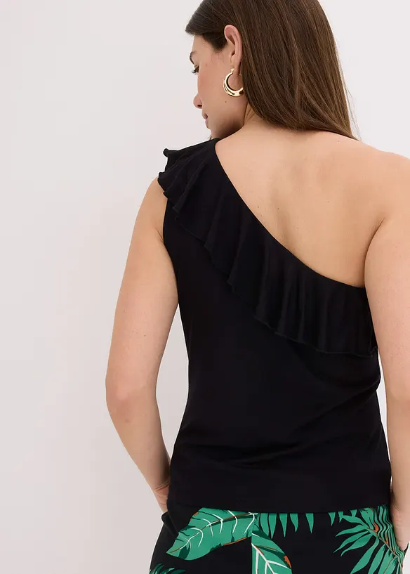One shoulder-topp i myk viskosemiks med volang, bonprix