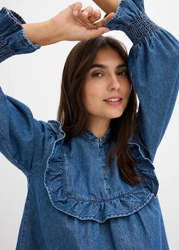 Denimbluse med rysjer, bonprix