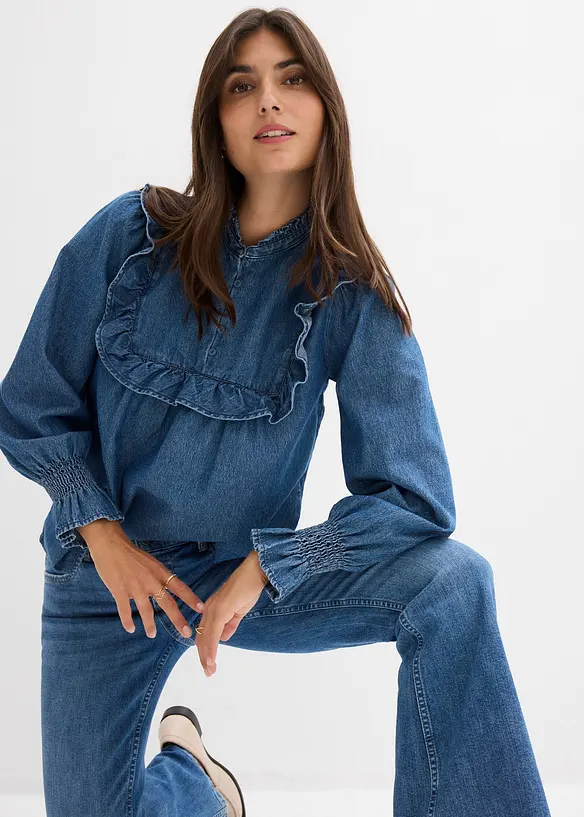 Denimbluse med rysjer, bonprix