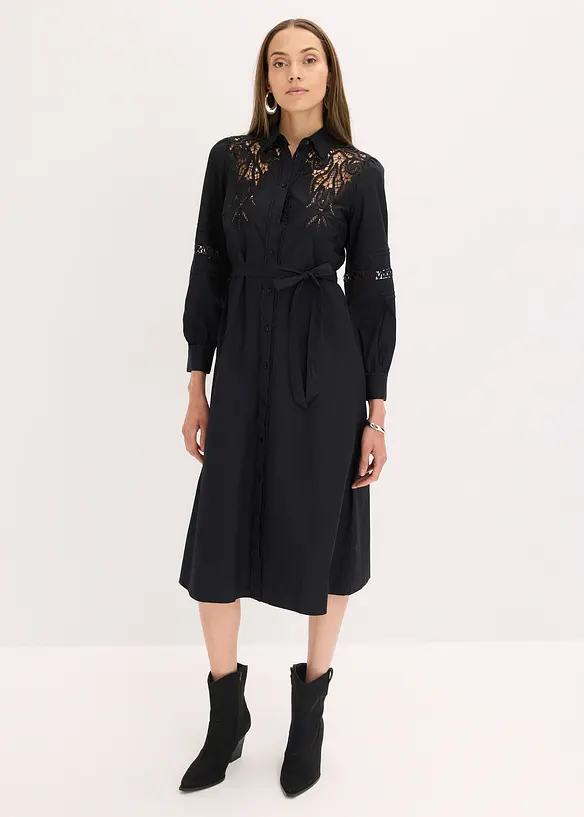 Midikjole i bomull med blondeinnfelling, bonprix