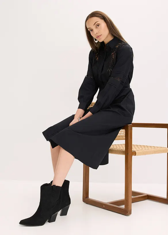 Midikjole i bomull med blondeinnfelling, bonprix