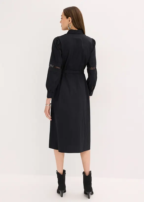 Midikjole i bomull med blondeinnfelling, bonprix