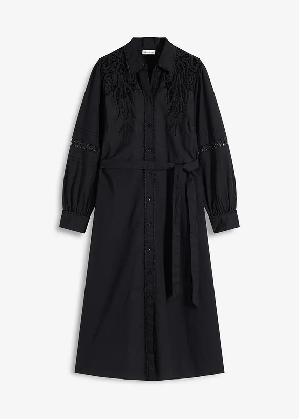 Midikjole i bomull med blondeinnfelling, bonprix