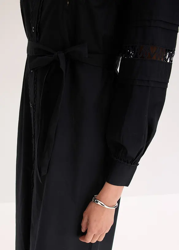 Midikjole i bomull med blondeinnfelling, bonprix