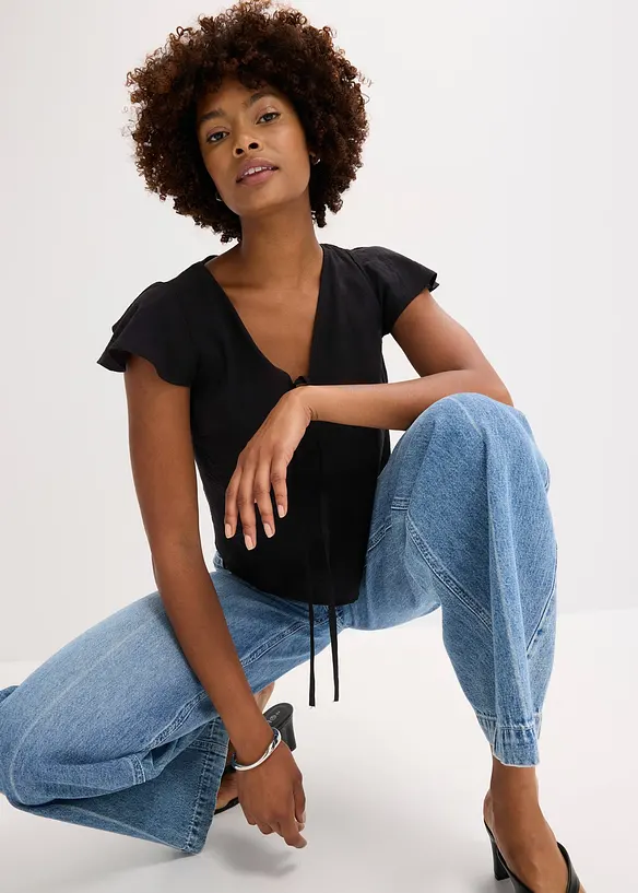 Bluse med volangermer i glansfull stil, bonprix