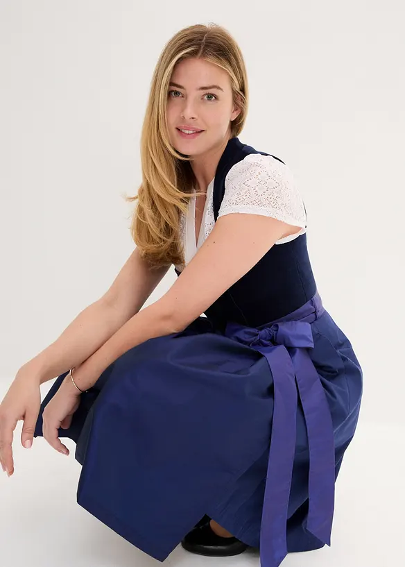 Tyrolerkjole med overdel i fl&oslash;yel og forkle i sateng (2-delt sett), bonprix