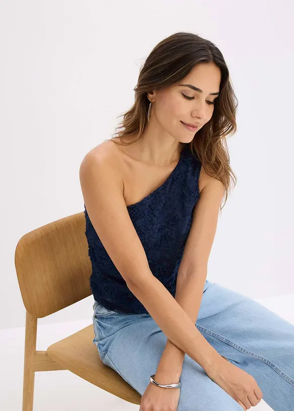 One shoulder-topp med broderi, bonprix