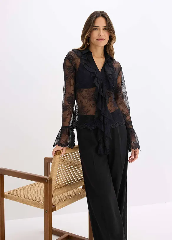 Transparent bluse med blonder, bonprix
