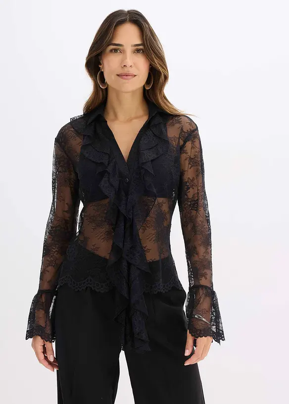 Transparent bluse med blonder, bonprix