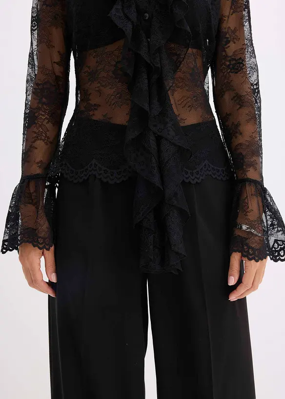 Transparent bluse med blonder, bonprix