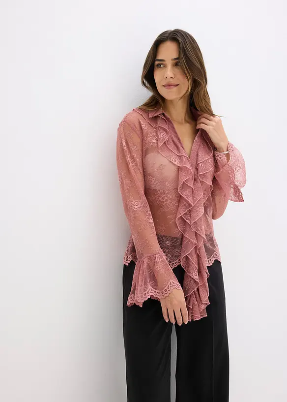 Transparent bluse med blonder, bonprix