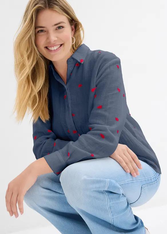 Musselin-bluse med hjertemønster, bonprix