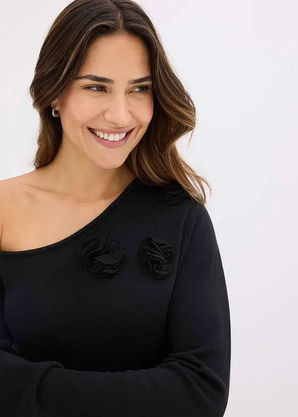 Strikket kjole med blomsterapplikasjon, bonprix