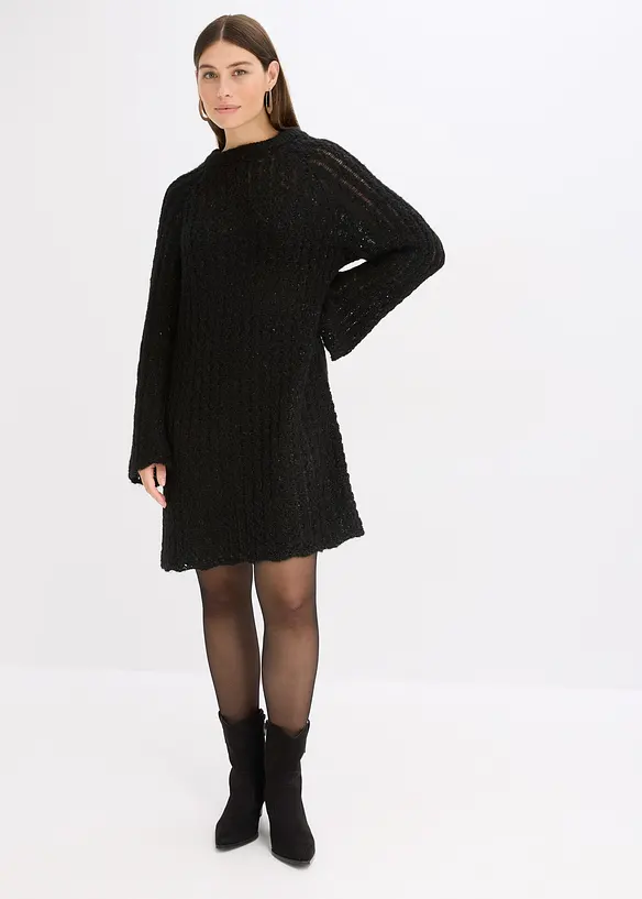 Strikket minikjole med satengsløyfe og paljetter, bonprix