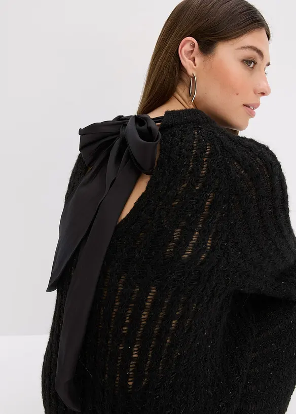 Strikket minikjole med satengsløyfe og paljetter, bonprix