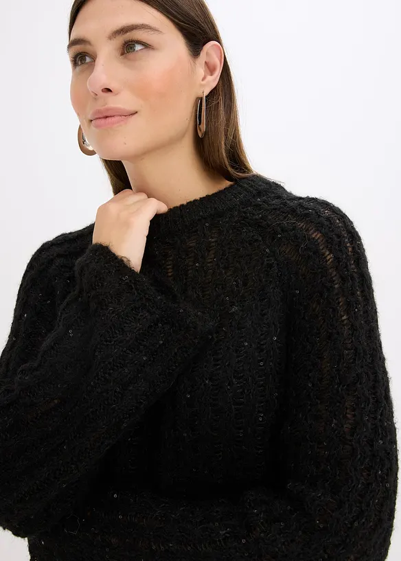 Strikket minikjole med satengsløyfe og paljetter, bonprix