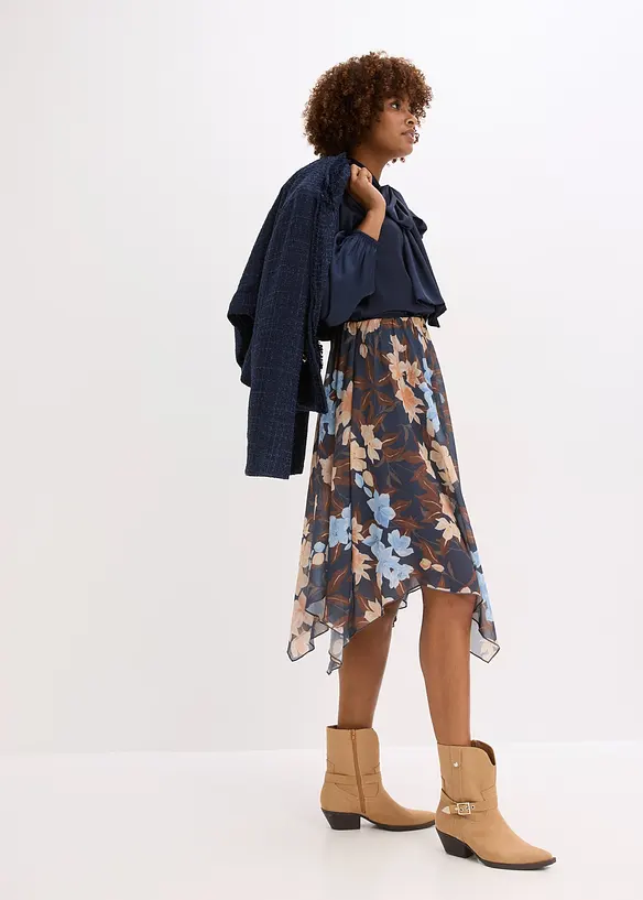 Midiskjørt i chiffon med asymmetrisk fald, bonprix
