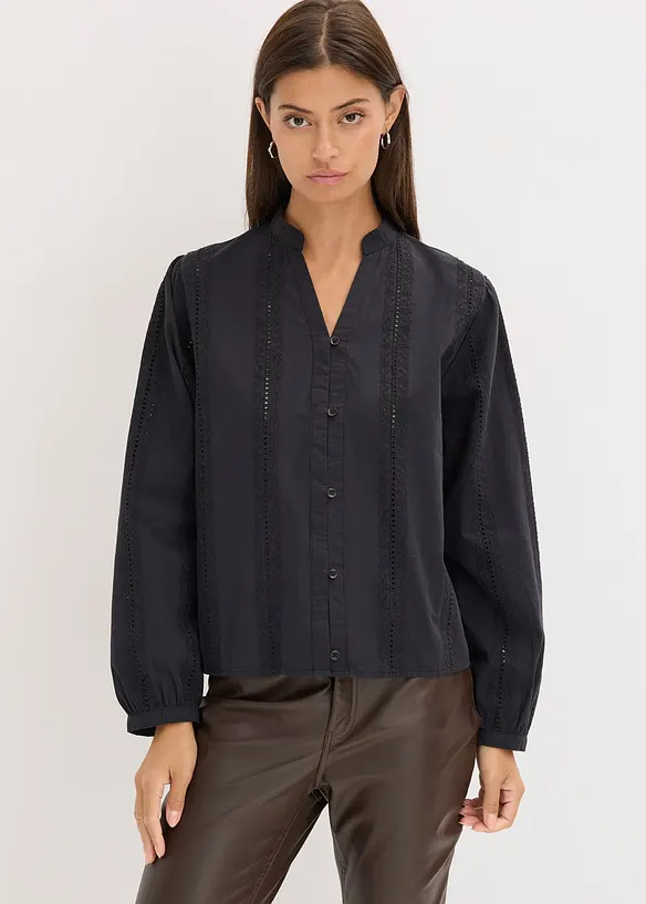 Bluse i bomull med blondedetaljer, bonprix