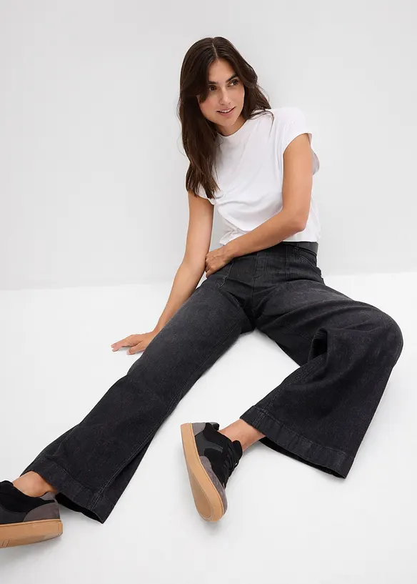 Wide Leg-jeans Mid Waist med påsatte lommer, bonprix