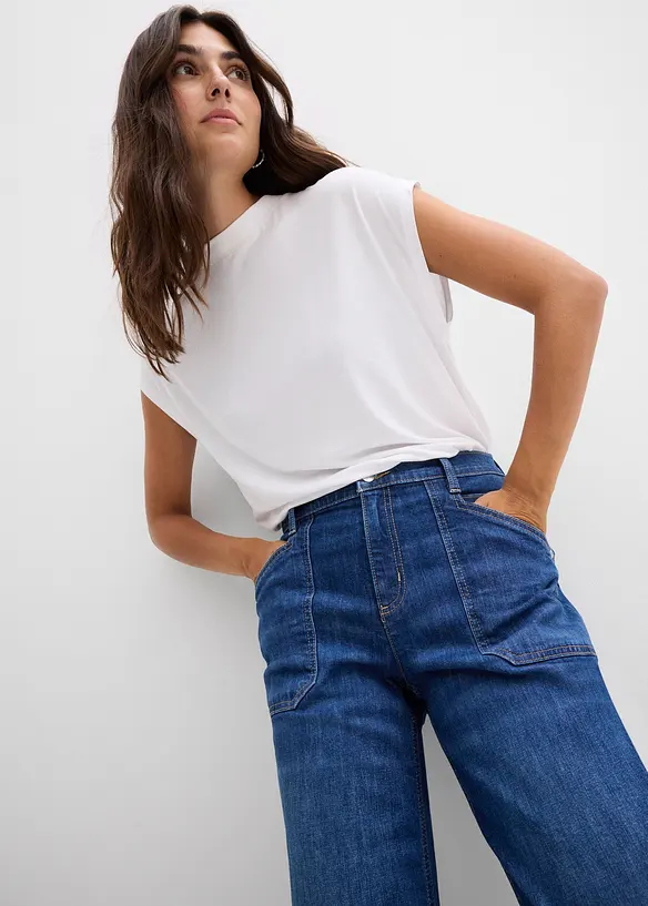 Wide Leg-jeans Mid Waist med påsatte lommer, bonprix