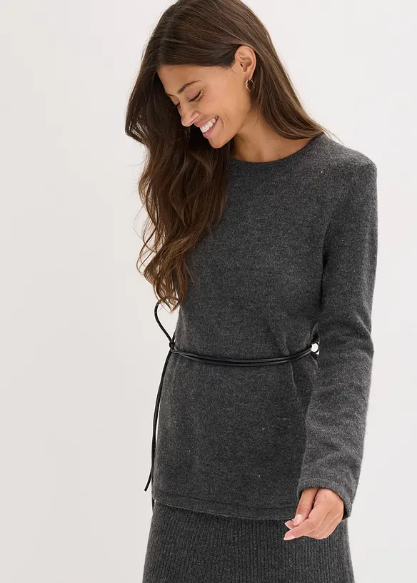 Strikket topp med ull og knytebånd i imitert skinn, bonprix