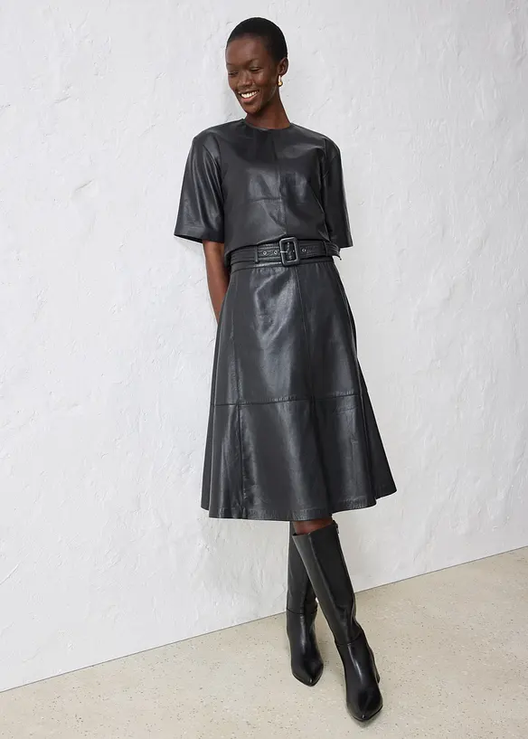 Skinnskjørt i lammenappa med belte (2-delt sett), bonprix