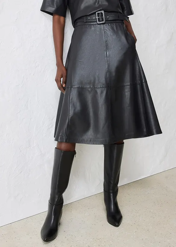 Skinnskjørt i lammenappa med belte (2-delt sett), bonprix