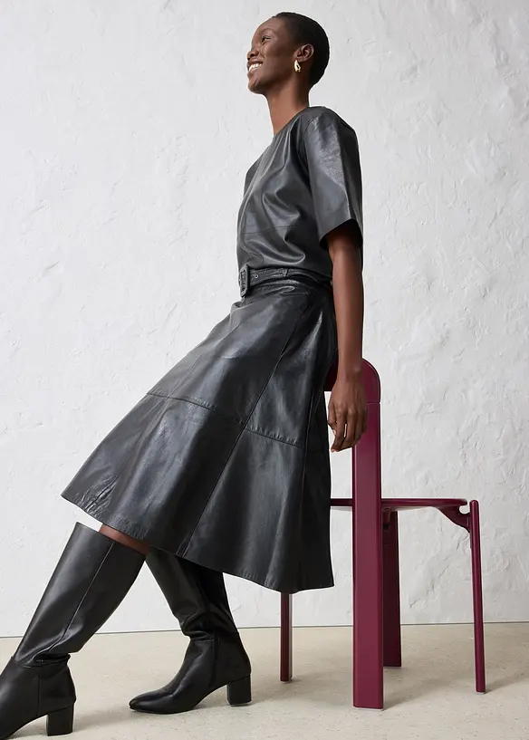 Skinnskjørt i lammenappa med belte (2-delt sett), bonprix