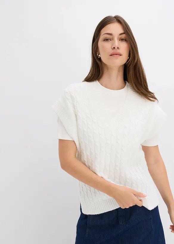 Strikket vest med flettemønster, bonprix