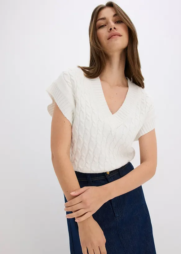 Strikket vest med flettemønster, bonprix