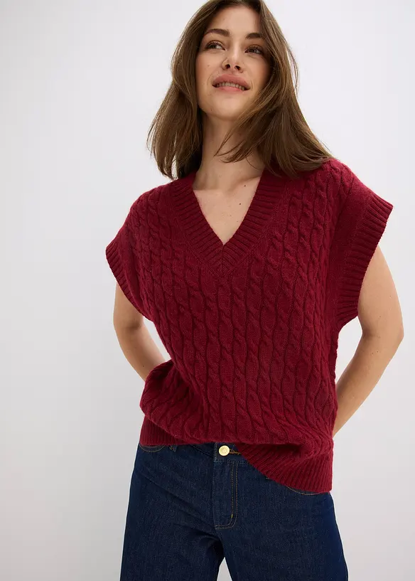 Strikket vest med flettemønster, bonprix