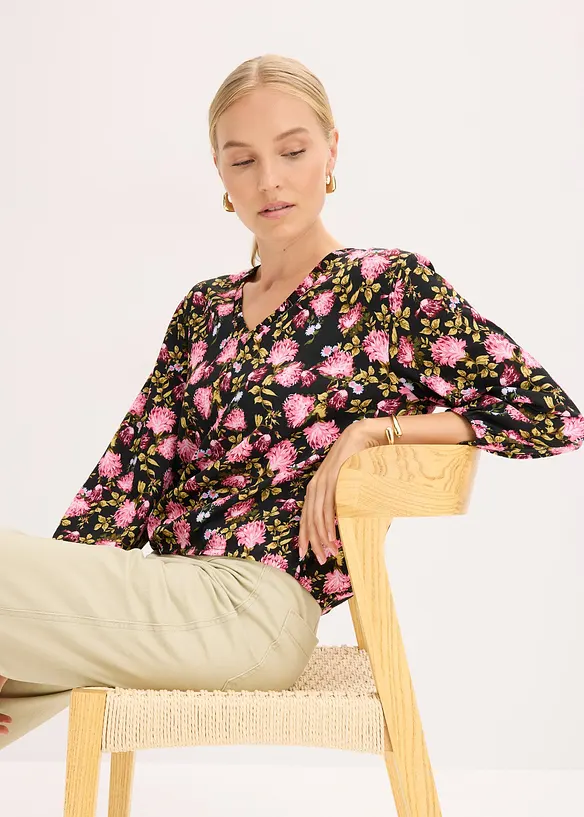 Chiffonbluse med blomsterprint og rynking i falden, bonprix