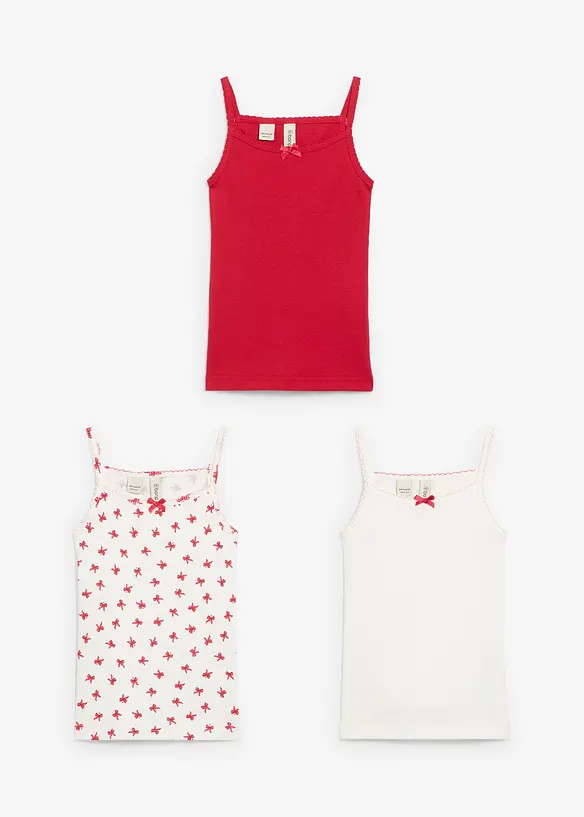 Singlet i mykt ribbemateriale med satengsløyfe (3-pack), bonprix