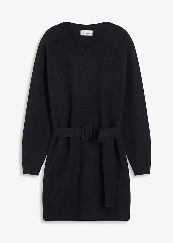 Kort strikkekjole med myk ullandel og belte, bonprix