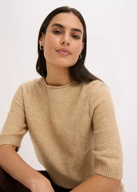 Genser med halvlange ermer, paljetter og glansgarn, bonprix